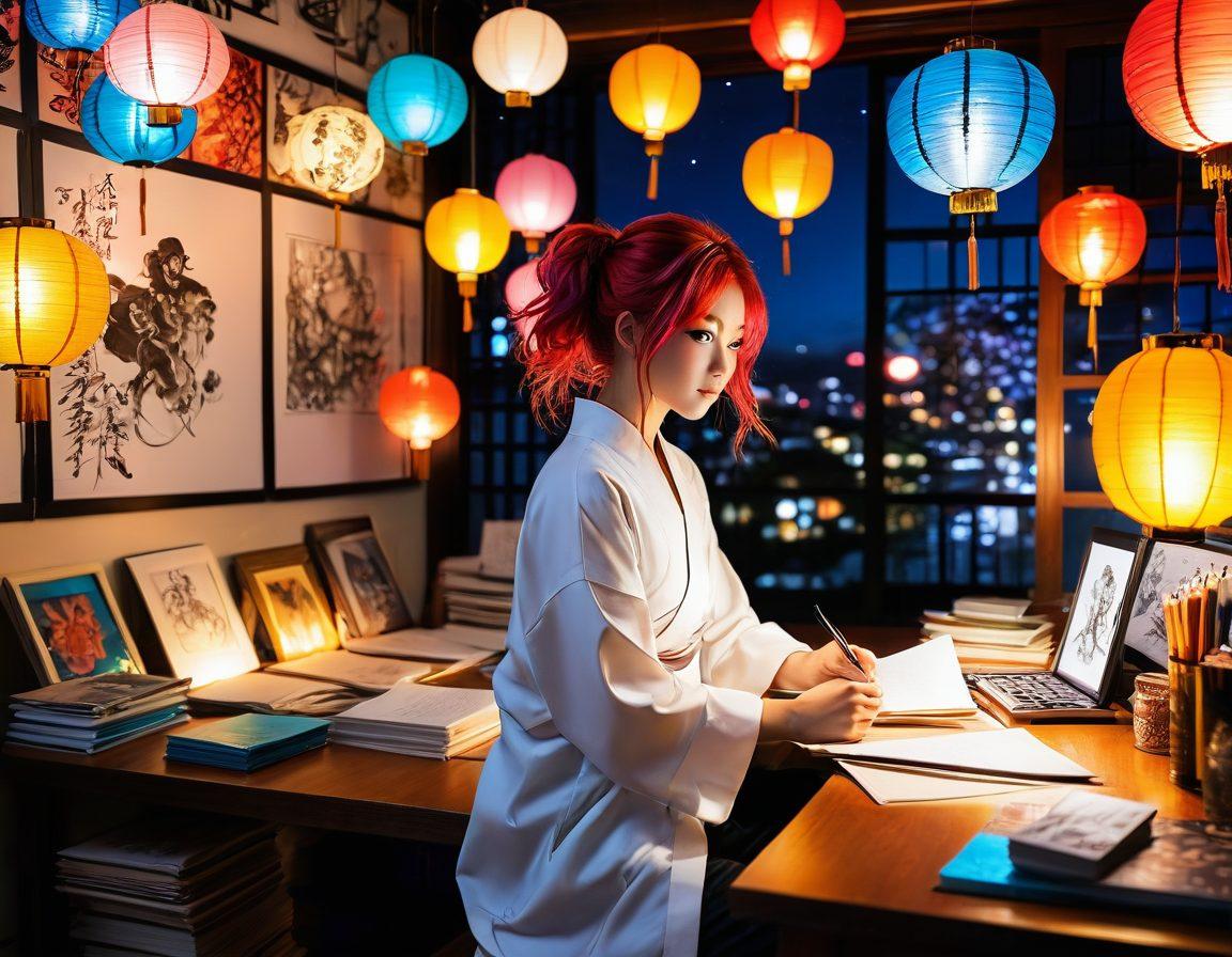 A vibrant illustration showcasing a stylized manga artist at work, surrounded by various colorful hentai and anime art pieces that reflect cultural themes. The setting is an intimate studio filled with traditional Japanese art elements like paper lanterns and shoji screens. The artist, a young person with vivid hair, is passionately sketching characters that embody freedom and creativity. Soft, warm lighting emits a welcoming atmosphere to counter the taboo nature of the subject. dynamic composition, bright colors, anime art style.